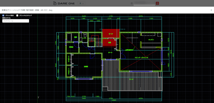 DARE ONE で DWG を開いて Web ビューワーで表示している画面