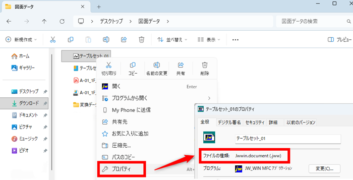 エクスプローラーでファイルを右クリックし「プロパティ」→「ファイルの種類」を確認している画面