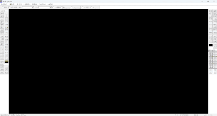 Jw_cad の画面全体(ツールバー・作図領域・ステータスバー)の説明図