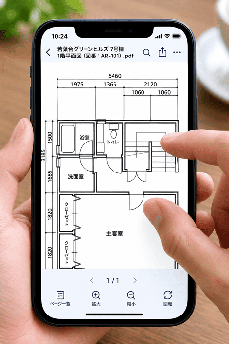 スマホで図面の PDF を拡大表示している画面