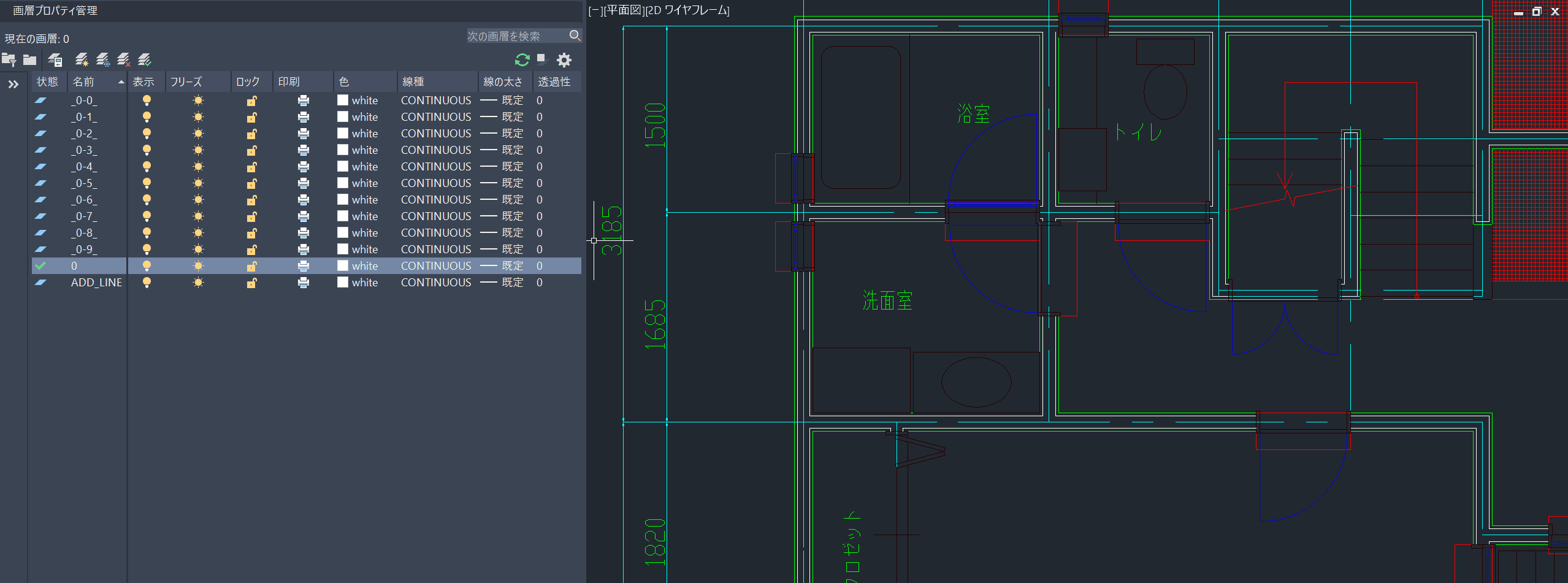 AutoCAD で変換後の図面を開き、画層(レイヤー)を確認する画面