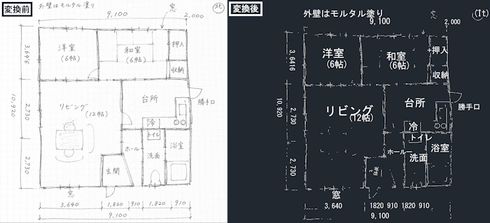 フリーハンドスケッチの変換例(線が細かく分割される・認識されない箇所がある例)